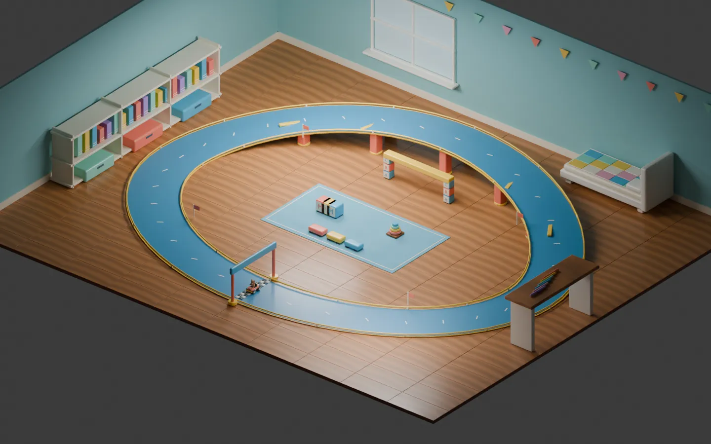 Render of Block Boulevard with a blue toy racing circuit and an alphabet-block gate in a bedroom