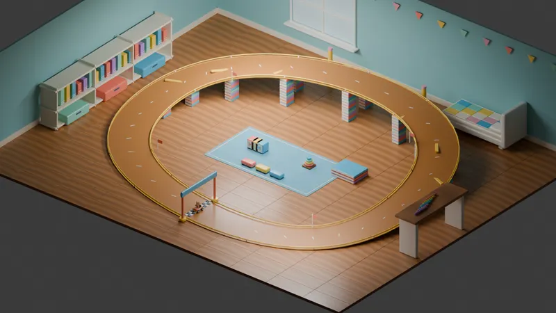 Render of the elevated Desk Dash bedroom circuit supported by stacks of books