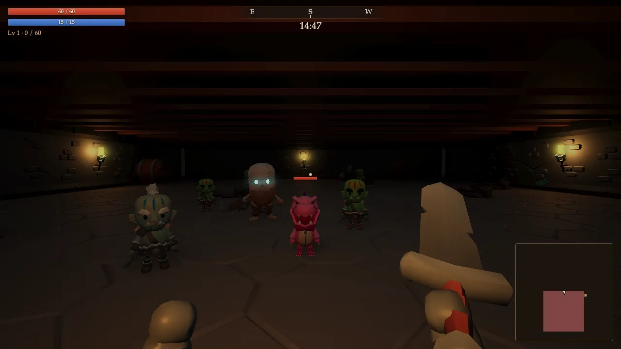 First-person view of a torch-lit dungeon corridor
