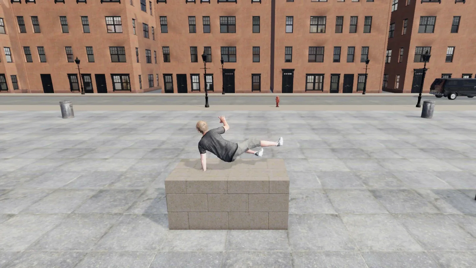 The runner vaulting a concrete planter in a city plaza in Parkour